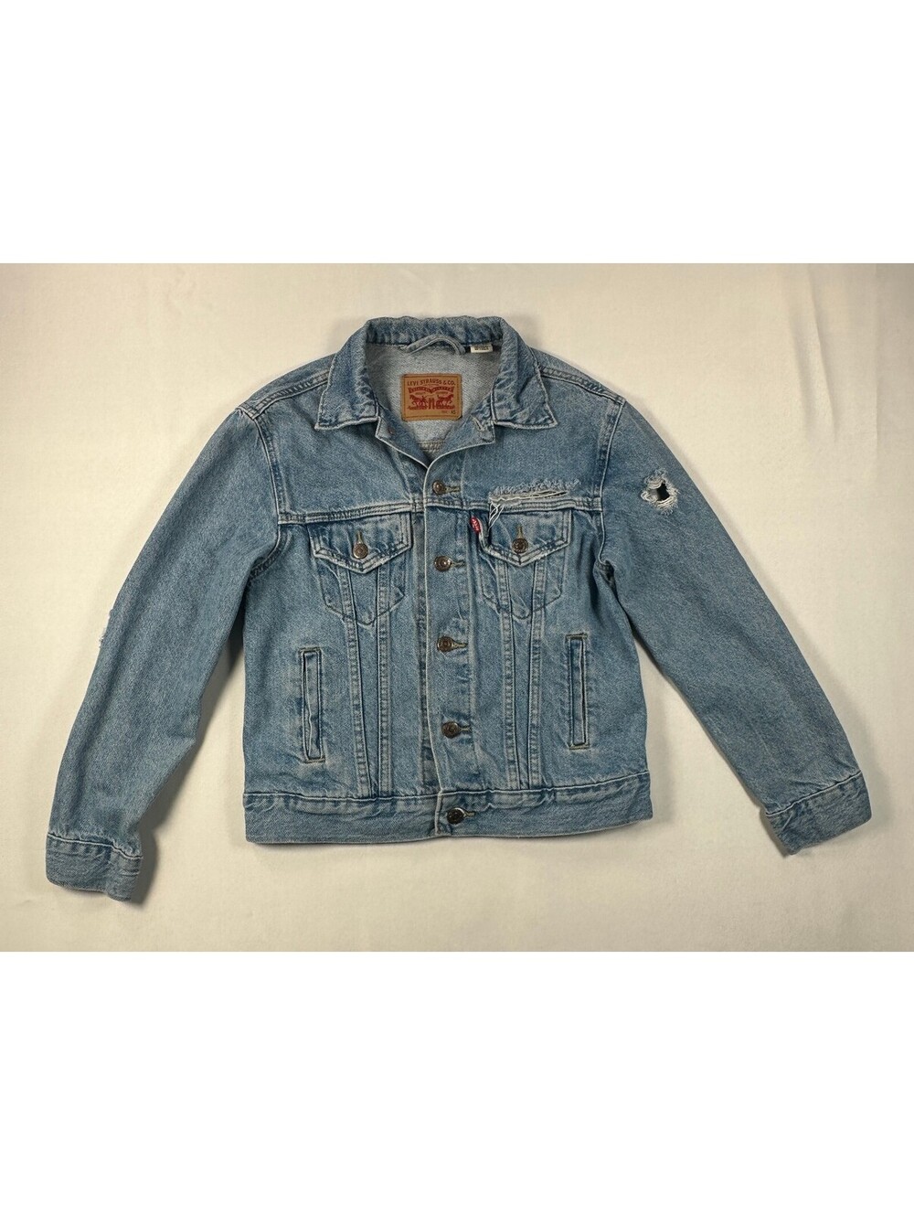 Levis Denim Trucker Jacket Mens XS Blue Distressed Rip Light Wash Jean Shacket